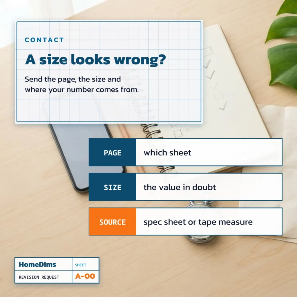 What to send when a size on HomeDims looks wrong: the page, the size and your source