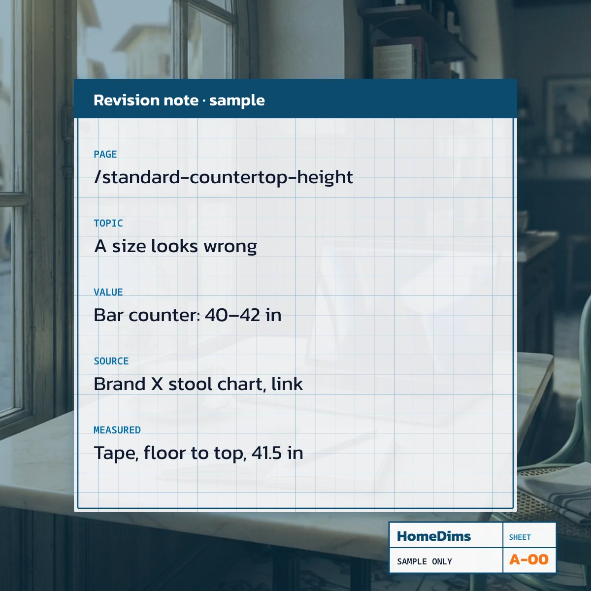 Example revision note for a bar counter height with source and measured value