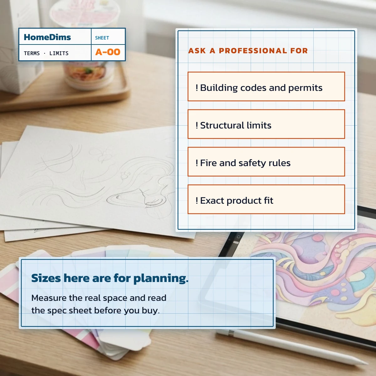 Ask a professional for building codes, structural limits, fire rules and exact product fit